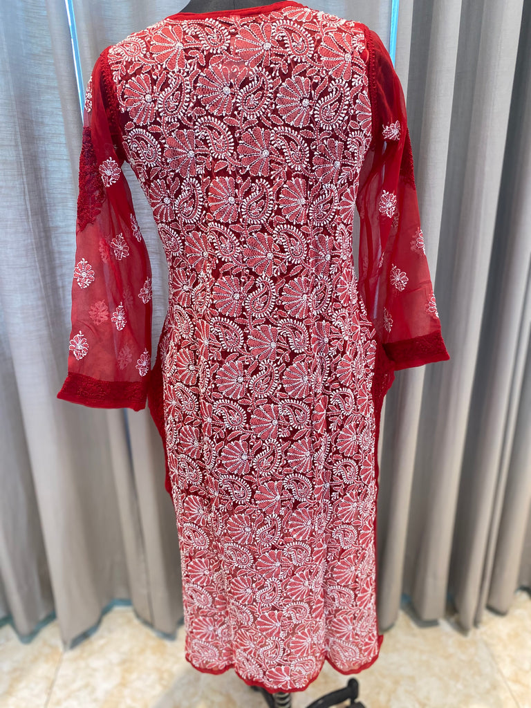 Buy SWAGG INDIA Women's Wear Georgette Lucknowi Chikankari Needle Work Red  Kurti at Amazon.in